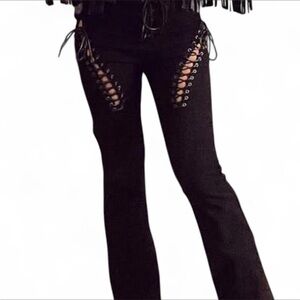 Black Lace-Up Front Flare Pants